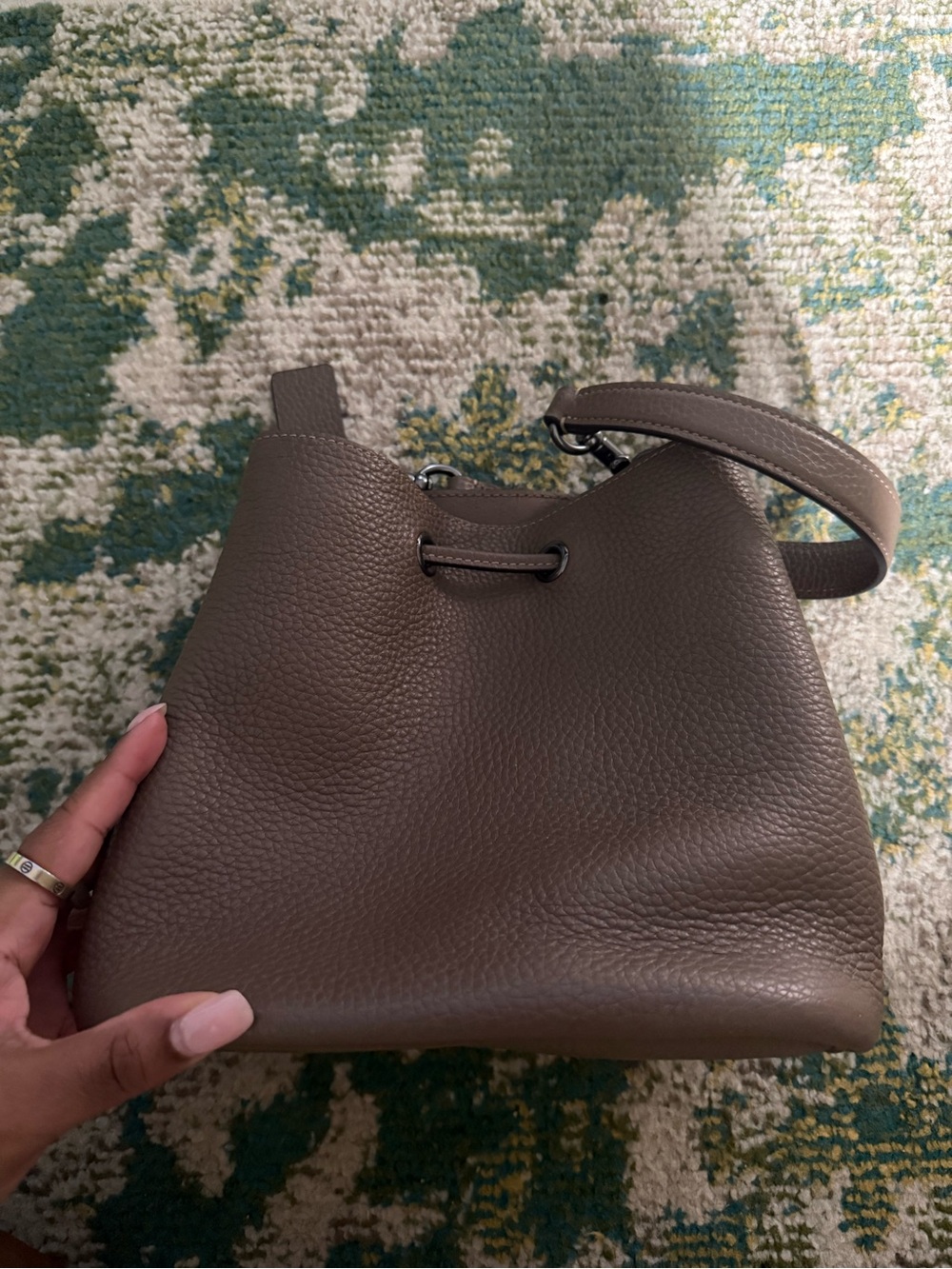 Coach Taupe Pebbled Leather Drawstring Dark Stone - Picture 2 of 5